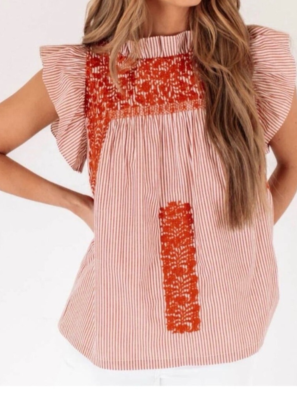J.Marie Embroidered Stripe Flutter Sleeve Boho Top Medium